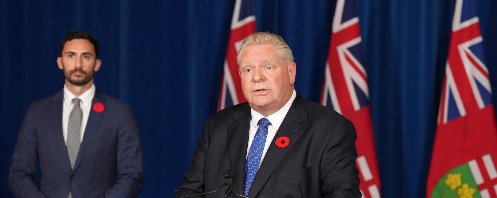 Ontario Premier Doug speaks during a press conference, as Education Minister Stephen Lecce looks on, at Queen's Park in Toronto on Monday Nov. 7, 2022. Nathan Denette/The Canadian Press.