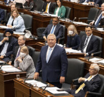 Ontario’s Premier Doug Ford and members of the PC caucus attend question period at at the Queens Park Legislature on November 14, 2022. Chris Young/The Canadian Press.