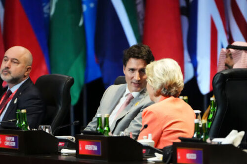 Prime Minister Justin Trudeau talks with European Commission President Ursula von der Leyen as they take part in the closing session at the G20 Leaders Summit in Bali, Indonesia on Wednesday, Nov. 16, 2022. Sean Kilpatrick/The Canadian Press.