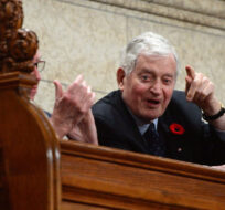 Former Prime Minister John Turner stands during question period in the House of Commons on Parliament Hill, in Ottawa on Monday, Nov. 6, 2017. Sean Kilpatrick/The Canadian Press.