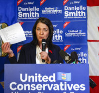 United Conservative Party Leader and Premier Danielle Smith celebrates her win in a by-election in Medicine Hat on Nov. 8, 2022. Jeff McIntosh/The Canadian Press.