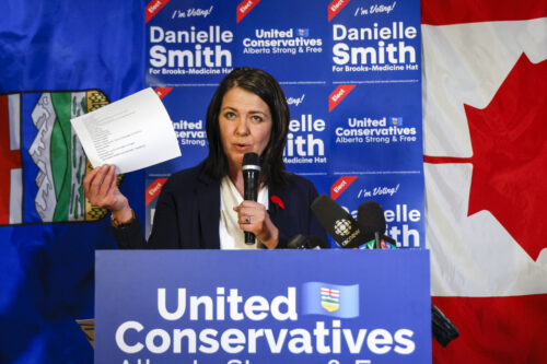 United Conservative Party Leader and Premier Danielle Smith celebrates her win in a by-election in Medicine Hat on Nov. 8, 2022. Jeff McIntosh/The Canadian Press.