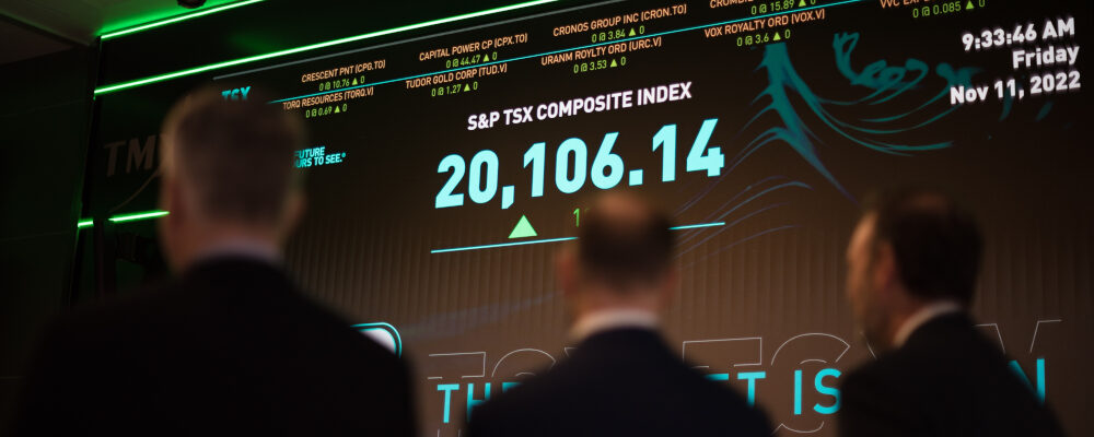 The S&P TSX composite index screen at the TMX Market Centre in downtown Toronto is photographed on Friday, November 11, 2022. Tijana Martin/The Canadian Press.