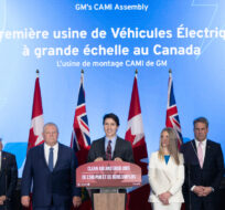 Prime Minister Justin Trudeau speaks at the General Motors CAMI production plant in Ingersoll, Ont., on Monday, December 5, 2022. Nicole Osborne/The Canadian Press.