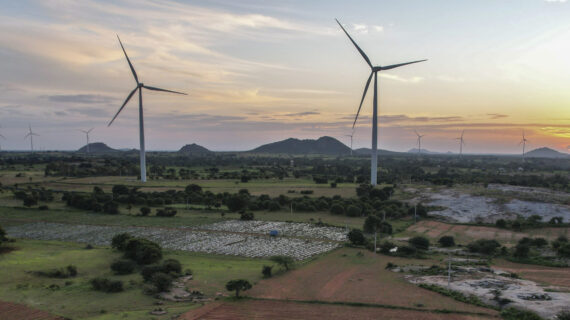 A windmill farm works as the sun sets in Anantapur district, Andhra Pradesh, India, Wednesday, Sept 14, 2022. Rafiq Maqbool/AP Photo.