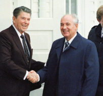 In this Oct. 11, 1986, file photo, President Ronald Reagan shakes hands with Soviet Leader Mikhail Gorbachev in Reykjavik, Iceland. Ron Edmonds/AP Photo.