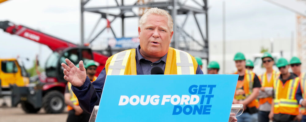 PC leader Doug Ford makes a campaign stop at the Operating Engineers Training Institute of Ontario in Oakville, Ont., on Friday, May 27, 2022. Nathan Denette/The Canadian Press.