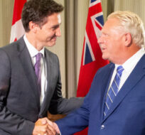 Prime Minister Justin Trudeau (left) meets  Ontario Premier Doug Ford, at the Queens Park Legislature in Toronto on Tuesday, August  30, 2022. Chris Young/The Canadian Press.