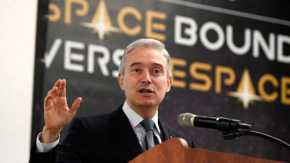 Minister of Innovation, Science and Industry Francois-Philippe Champagne makes a keynote address, announcing Canada's contribution to NASA's Atmosphere Observing System, at Space Canada's Space Bound conference in Ottawa, on Tuesday, Oct. 18, 2022. Justin Tang/The Canadian Press.