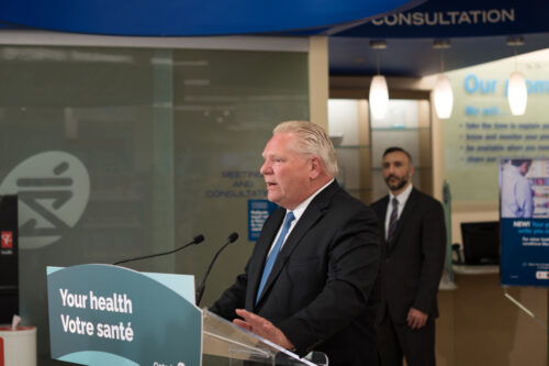 Ontario Premier Doug Ford speaks during a press conference at a Shoppers Drug Mart pharmacy in Etobicoke on Jan. 11, 2023.  Tijana Martin/The Canadian Press.