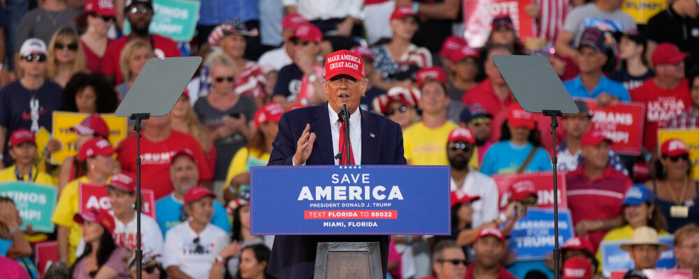 Former President Donald Trump speaks at a campaign rally in support of the campaign of Sen. Marco Rubio, R-Fla., at the Miami-Dade County Fair and Exposition on Sunday, Nov. 6, 2022, in Miami. Rebecca Blackwell/AP Photo.