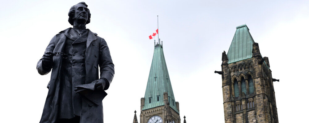A statue of former Canadian Prime Minister Sir John A. Macdonald is pictured on Parliament Hill in Ottawa on Thursday, June 3, 2021. Sean Kilpatrick/The Canadian Press. 