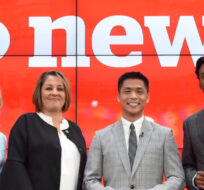 Adrienne Arsenault, Rosemary Barton, Andrew Chang and Ian Hanomansing (left to right) are named the new hosts of "The National," at a news conference in Toronto, Tuesday, Aug.1, 2017. Nathan Denette/The Canadian Press. 