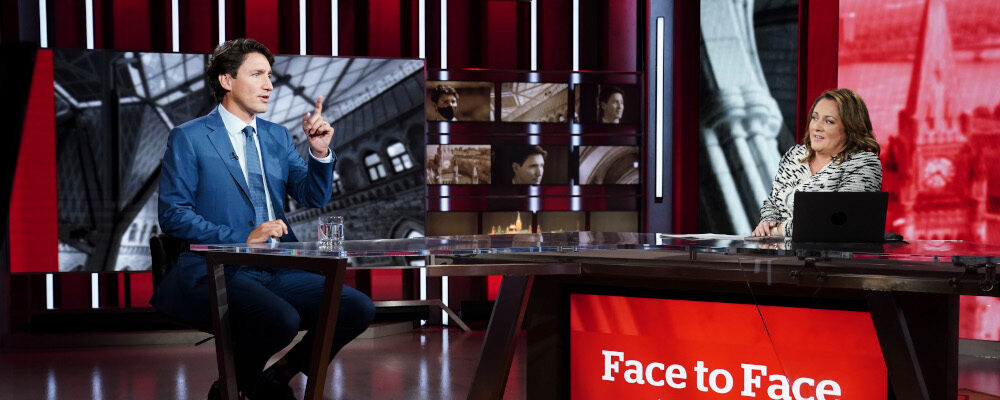 Liberal Leader Justin Trudeau prepares to take part on CBC's Face To Face with host Rosemary Barton in Toronto, Sunday, Sept. 12, 2021. Sean Kilpatrick/The Canadian Press. 