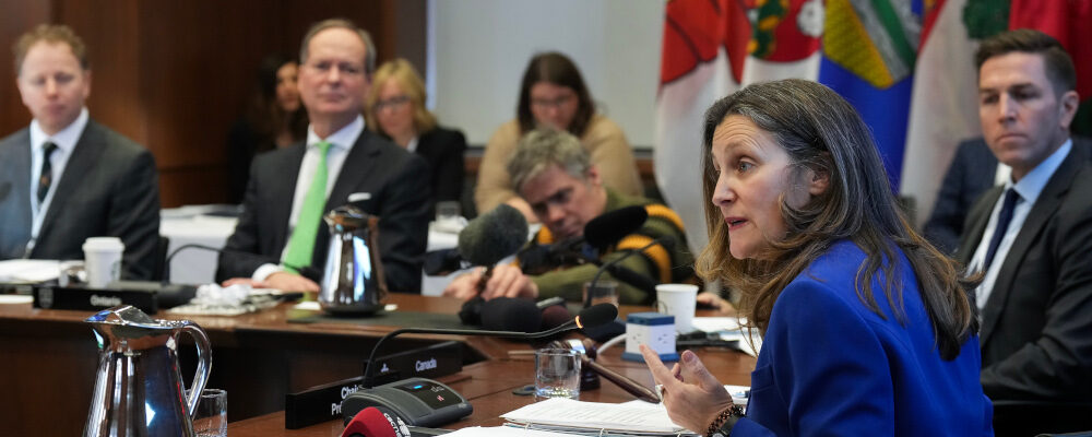 Chrystia Freeland, right, Canada’s Deputy Prime Minister and Minister of Finance speaks with the provincial finance ministers during the Finance Ministers' Meeting in Toronto, on Friday, February 3, 2023. Nathan Denette/The Canadian Press. 