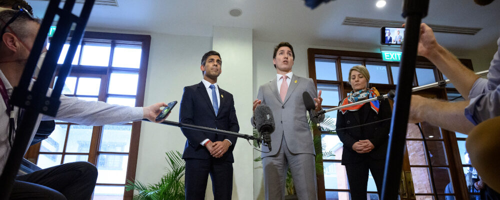 British Prime Minister Rishi Sunak, left, and Canadian Prime Minister Justin Trudeau, center, hold a press conference at the G20 summit in Nusa Dua, Bali, Indonesia Wednesday, Nov. 16, 2022. Leon Neal/AP Photo.