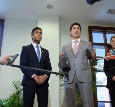 British Prime Minister Rishi Sunak, left, and Canadian Prime Minister Justin Trudeau, center, hold a press conference at the G20 summit in Nusa Dua, Bali, Indonesia Wednesday, Nov. 16, 2022. Leon Neal/AP Photo.