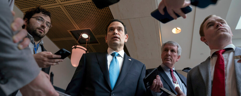 Senate Intelligence Committee Vice Chairman Marco Rubio, R-Fla., talks to reporters after a closed-door briefing on the Chinese surveillance balloon that flew over the United States recently, at the Capitol in Washington, Thursday, Feb. 9, 2023. J. Scott Applewhite/AP Photo.