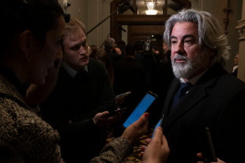 Heritage Minister Pablo Rodriguez speaks with reporters as he arrives for caucus, Wednesday, February 8, 2023 in Ottawa. Adrian Wyld/The Canadian Press. 