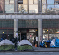 Tents line Hastings Street as part of the Hastings tent city in Vancouver, B.C., on February 23, 2023. Rich Lam/The Canadian Press.