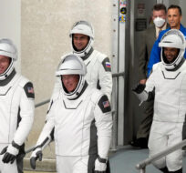 Astronauts, from left, Warren Hoburg, Stephen Bowen, Russian Cosmonaut Andrey Fedyaev, and United Arab Emirates astronaut Sultan al-Neyadi leave the Operations and Checkout building for a trip to Launch Pad 39-A Wednesday, March 1, 2023, at the Kennedy Space Center in Cape Canaveral, Fla. John Raoux/AP Photo. 