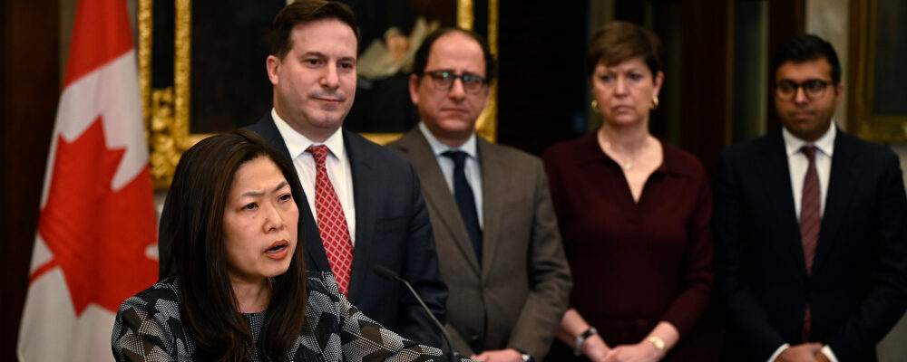 Minister of International Trade, Export Promotion, Small Business and Economic Development Mary Ng joins Minister of Public Safety Marco Mendicino for an announcement on the government's plans to combat foreign interference, on Parliament Hill in Ottawa, on Friday, March 10, 2023. Justin Tang/The Canadian Press. 