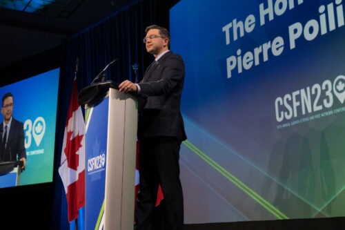 Conservative leader Pierre Poilievre speaks at a conference, Thursday, March 23, 2023 in Ottawa. Adrian Wyld/The Canadian Press. 