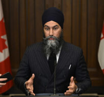 NDP Leader Jagmeet Singh speaks to reporters after the tabling of the Federal Budget in the in the House of Commons on Parliament Hill in Ottawa, on Tuesday, March 28, 2023. Justin Tang/The Canadian Press. 