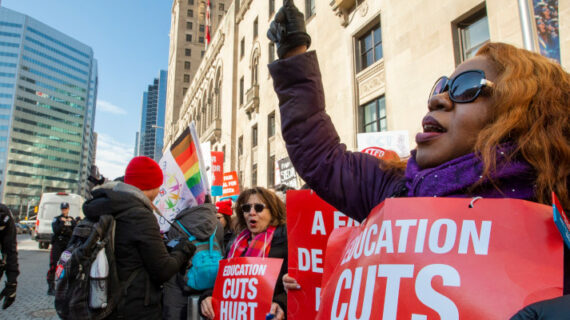 Striking school teachers protest outside a speech by Ontario Education Minister Stephen Lecce in Toronto on Wednesday, February 12, 2020. Frank Gunn/The Canadian Press. 