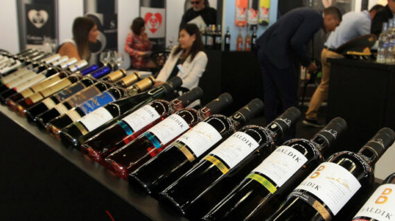 Bottles of wine are displayed at the international wine fair "Vinexpo" in Bordeaux, southwestern France, Sunday, June 14, 2015. Bob Edme/AP Photo.