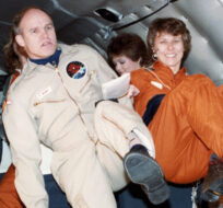 Canadian astronauts Ken Money and Roberta Bondar get a feel for zero-gravity during training on board NASA's KC135 aircraft on Dec. 18, 1984. UPC/The Canadian Press. 