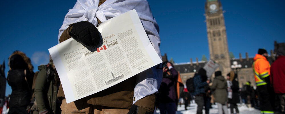 A person holds a copy of the Canadian Charter of Rights and Freedoms in Ottawa, on Saturday, Jan. 29, 2022. Justin Tang/The Canadian Press. 