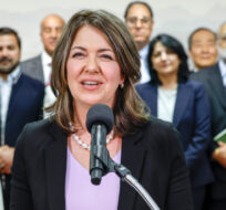 Alberta Premier Danielle Smith, makes an announcement at the Chinese Cultural Centre in Calgary, Alta., Friday, April 14, 2023. Jeff McIntosh/The Canadian Press. 