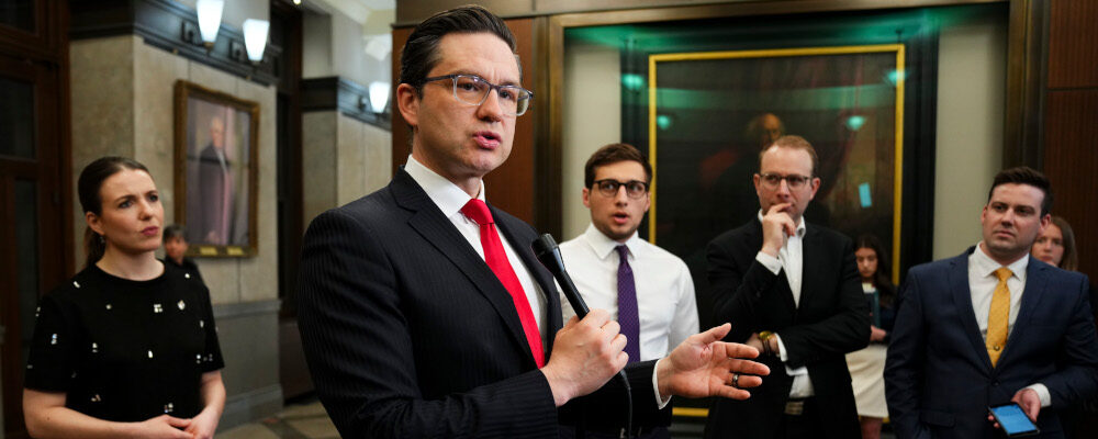 Conservative Leader Pierre Poilievre speaks to reporters in the foyer of the House of Commons on Parliament Hill in Ottawa on Tuesday, May 16, 2023. Sean Kilpatrick/The Canadian Press. 