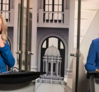 Leader of the NDP Rachel Notley, left, and leader of the United Conservative Party Danielle Smith prepare for a debate in Edmonton on May 18, 2023. Jason Franson/The Canadian Press.