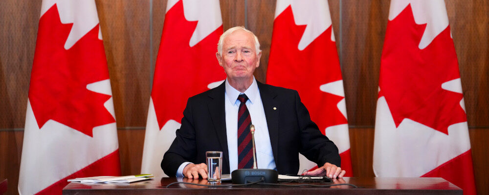 David Johnston, Independent Special Rapporteur on Foreign Interference, presents his first report in Ottawa on Tuesday, May 23, 2023. Sean Kilpatrick/The Canadian Press. 