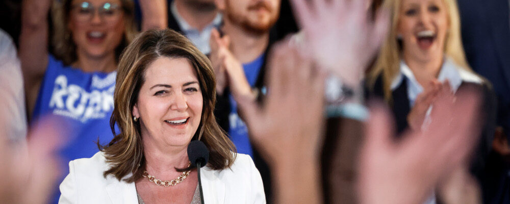 United Conservative Party Leader Danielle Smith attends an election campaign rally in Calgary, Alta., Thursday, May 25, 2023. Jeff McIntosh/The Canadian Press. 