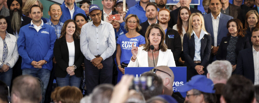 United Conservative Party Leader Danielle Smith attends an election campaign rally in Calgary on May 25, 2023. Jeff McIntosh/The Canadian Press.