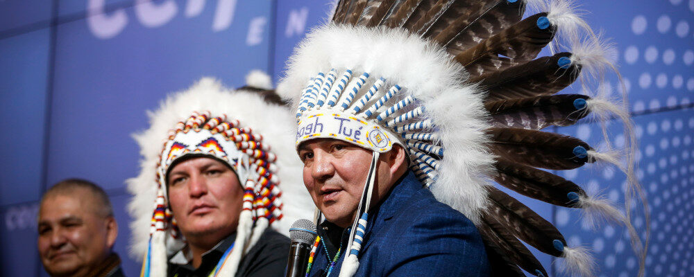 Roger Marten, right, Chief of Cold Lake First Nations, and Curtis Monias, centre, Chief of Heart Lake First Nation, speak after Cenovus CEO Alex Pourbaix announces a multi-year initiative focused on Indigenous communities near the company's oil sands operations in northern Alberta, at a news conference in Calgary, Alta., Thursday, Jan. 30, 2020. Jeff McIntosh/The Canadian Press. 