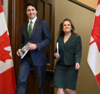 Prime Minister Justin Trudeau and Deputy Prime Minister and Minister of Finance Chrystia Freeland arrive to deliver the federal budget in the House of Commons on Parliament Hill in Ottawa, Tuesday, March 28, 2023. Justin Tang/The Canadian Press. 