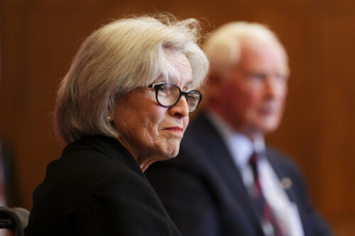David Johnston, the Independent Special Rapporteur on Foreign Interference, is joined by his counsel Sheila Block in Ottawa on May 23, 2023. Sean Kilpatrick/The Canadian Press.