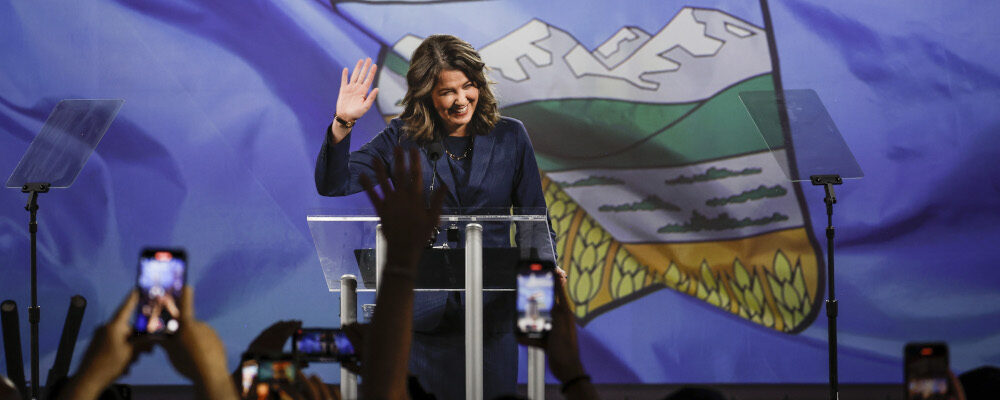 UCP Leader Danielle Smith makes her victory speech in Calgary on May 29, 2023. Jeff McIntosh/The Canadian Press.