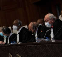 Presiding judge Joan Donoghue, second right, opens the hearing in the case between Armenia and Azerbaijan at the World Court in The Hague, Netherlands, Monday, Jan. 30, 2023. Peter Dejong/AP Photo. 