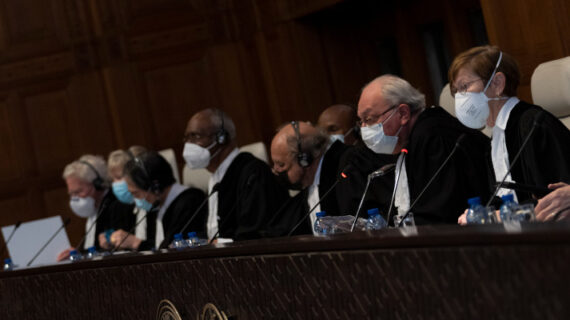 Presiding judge Joan Donoghue, second right, opens the hearing in the case between Armenia and Azerbaijan at the World Court in The Hague, Netherlands, Monday, Jan. 30, 2023. Peter Dejong/AP Photo. 