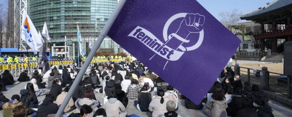 People stage a rally supporting feminism in Seoul on Feb. 12, 2022. Ahn Young-joon/AP Photo.