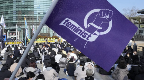 People stage a rally supporting feminism in Seoul on Feb. 12, 2022. Ahn Young-joon/AP Photo.