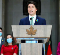 Prime Minister Justin Trudeau speaks as he is joined by Minister of Immigration, Refugees and Citizenship, Sean Fraser, left to right, Minister of Finance and Deputy Prime Minister Chrystia Freeland, Minister of National Defence Anita Anand, and Minister of Natural Resources Jonathan Wilkinson during a press conference in Ottawa on Monday, Feb. 28, 2022. Sean Kilpatrick/The Canadian Press. 