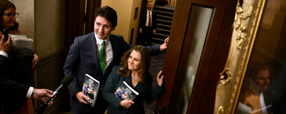Prime Minister Justin Trudeau and Deputy Prime Minister and Minister of Finance Chrystia Freeland enter the House of Commons to deliver the budget on Parliament Hill in Ottawa, Tuesday, March 28, 2023. Justin Tang/The Canadian Press. 