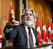 Minister of Canadian Heritage Pablo Rodriguez speaks during a news conference on Bill C-18, the Online News Act, along Bloc MP Martin Champoux, right, in Ottawa, on Wednesday, July 5, 2023. Justin Tang/The Canadian Press. 