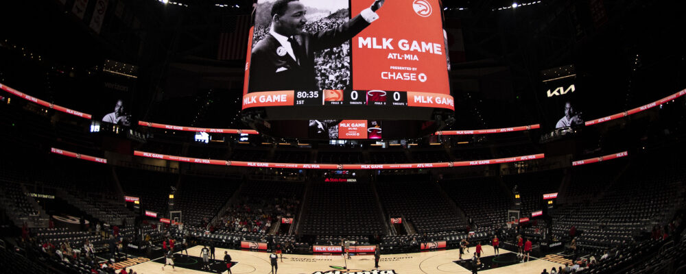 Martin Luther King Jr. is displayed on a screen before an NBA basketball game between the Atlanta Hawks and the Miami Heat on Jan. 16, 2023, in Atlanta. Hakim Wright Sr./AP Photo.